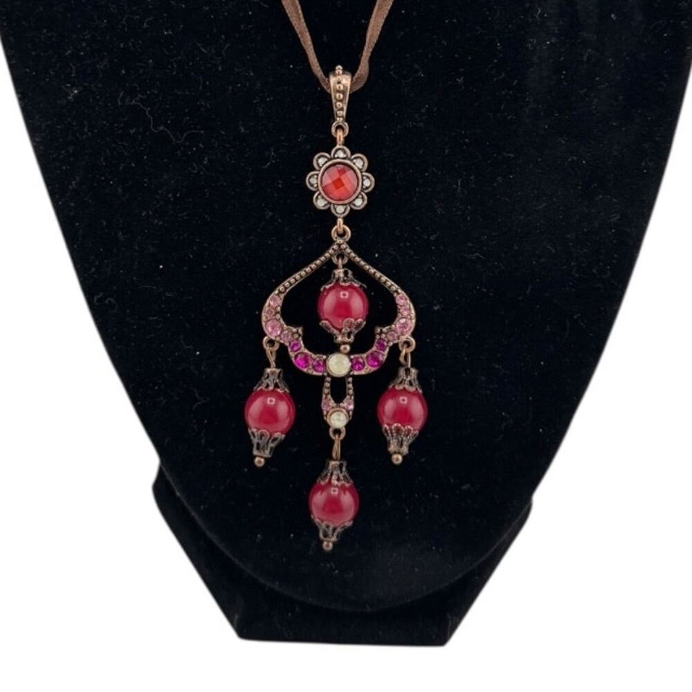 Gwen Jewelry Ribbon Necklace w/ an Indian or South Asian Design 4 Red Beads